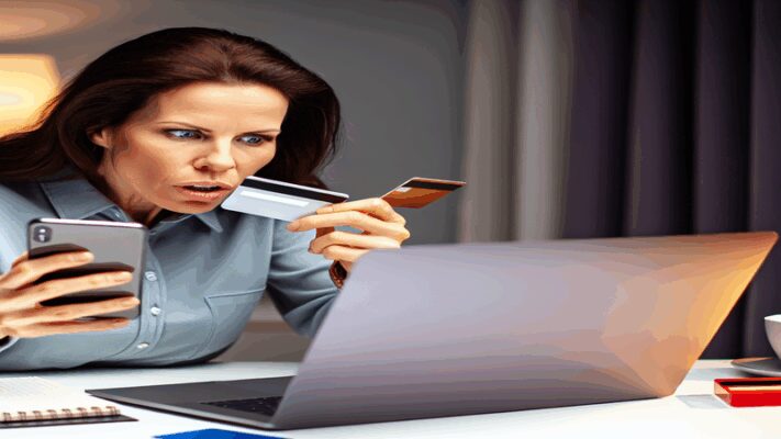 Mulher em frente a laptop e celular fazendo compras online
